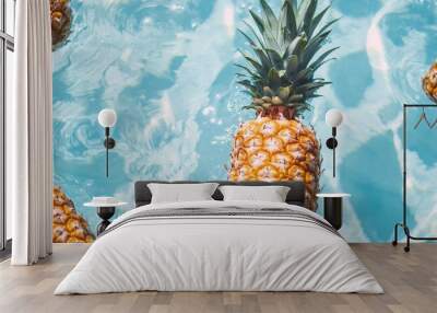 pineapples floating in blue water, tropical summer vibe. fresh and vibrant concept Wall mural