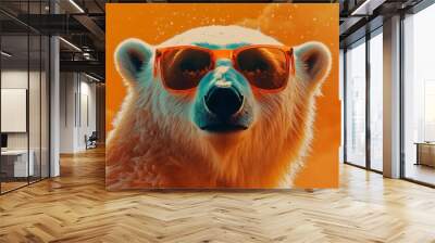 Polar bear wearing orange sunglasses against bright orange background, whimsical and playful concept Wall mural