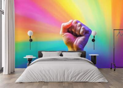 Raised fist against a vibrant rainbow background, symbol of strength and unity concept Wall mural