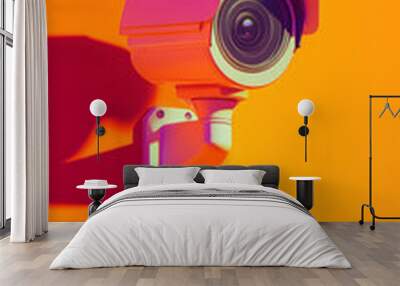 Security camera on vibrant orange background, modern surveillance concept Wall mural