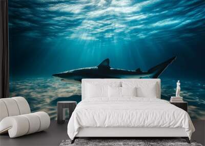 Shark swimming underwater with sun rays, ocean exploration adventure concept Wall mural