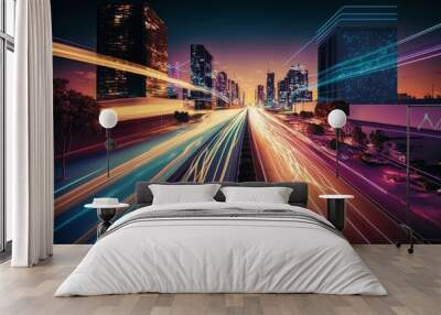 Smart digital city with high speed light trail of cars of digital data transfer ai generated Wall mural