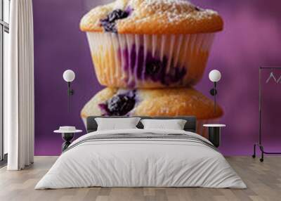 Stack of freshly baked blueberry muffins with steam on purple background, delicious bakery concept Wall mural