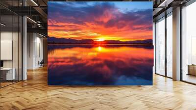 Sunset over serene lake with reflection, mountain landscape. Nature tranquility and peaceful concept Wall mural