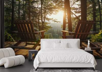 Sunset view from a wooden deck with two chairs in a forest Wall mural