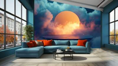 surreal sunset with glowing clouds and round platform. ethereal dreamscape and atmospheric vision concept Wall mural