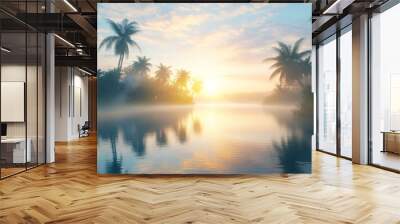 Tropical sunrise over palm-lined river with misty reflections, scenic nature view. Tranquil morning and peace concept Wall mural