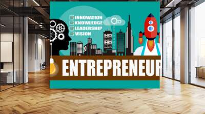 Entrepreneur concept background with head silhouette , gears, rockets, city background Wall mural