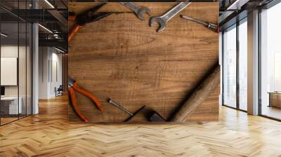 old tools on wooden background Wall mural