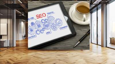 SEO search engine optimization concept on tablet pc Wall mural