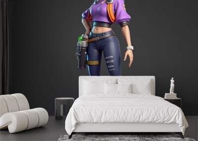 3D illustration of a female gamer character with a futuristic outfit and glasses, standing confidently. Modern, tech-savvy character ready for action in a video game environment.
 Wall mural