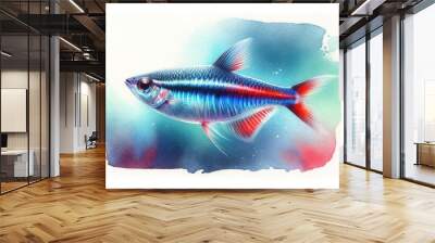 Dettagliata rappresentazione ad acquerello di un Neon Tetra (Paracheirodon innesi), con un focus sulle intricate pattern e vivaci colori blu e rossi.
 Wall mural