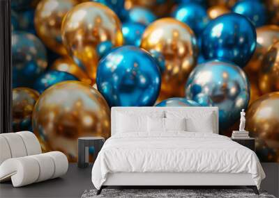 A beautiful festive background featuring a stunning combination of gold and blue balloons. The elegant gold balloons add a touch of luxury, while the vibrant blue balloons bring a lively contrast Wall mural