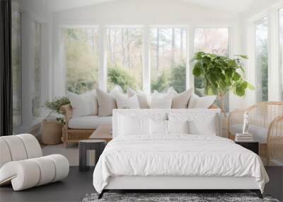 A bright and airy sunroom with a Scandinavian-inspired design, featuring plenty of natural light and a neutral color palette with pops of greenery Wall mural