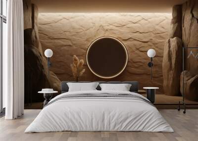 a light shows a room that has two brown walls and a wall mirror, in the style of natural materials,  Wall mural