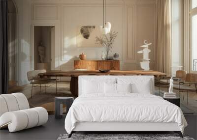 A minimal and luxury Parisian haussmann interior with an accent of wabi sabi style Wall mural