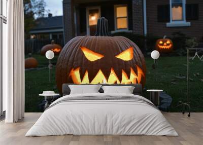 A photo of an ominous jack-o'-lantern with glowing eyes and sharp teeth, sitting on the lawn in front of a house at dusk Wall mural