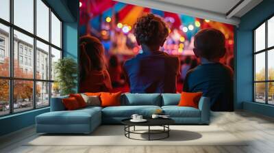 a photograph of a rear view kid children watching show on stage in circus carnival festive celebration in dome tent with crowd people inside exited lifestyle Wall mural