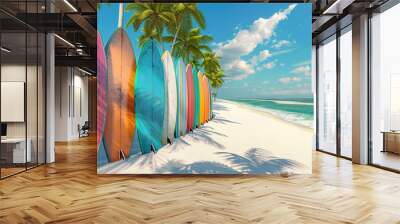 a row of colourful surfboards lined up on a white sandy beach, palm trees and turquoise ocean in the background Wall mural