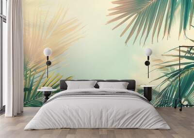 A tropical palm tree background with soft pastel summer colors evokes vintage retro tones. This aesthetic blends nostalgic hues with the vibrant greens of palm leaves under a warm

 Wall mural