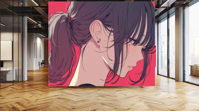 anime style. Cute young woman with ponytail style on a simple one color background Wall mural