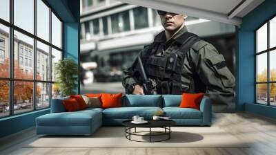 armed security guard patrolling in uniform Wall mural