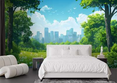 Beautiful modern eco friendly green city panoramic view with skyscrapers and parks Wall mural