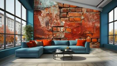 Brick wall. Old vintage brick wall pattern. Red brick wall panoramic background. Wall mural