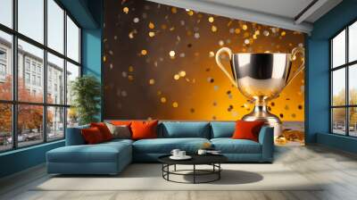 championship cup or winner trophy in golden and silver shiny chrome with celebration confetti and ribbon decoration as wide banner with copy space area Wall mural