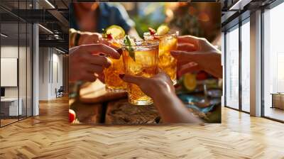 Close up photography of A group of friends toasting with Long Island Ice Tea Wall mural