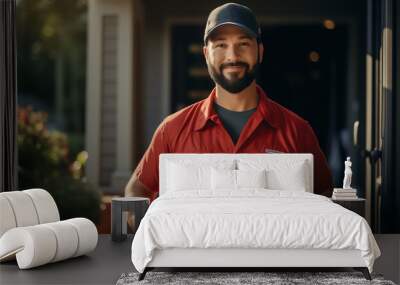 Delivery man in uniform holding a cardboard box delivering to door of customer home Wall mural