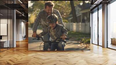 In a quintessential American neighborhood scene, a father guides his young son in a timeless rite of passage: learning to ride a bicycle Wall mural