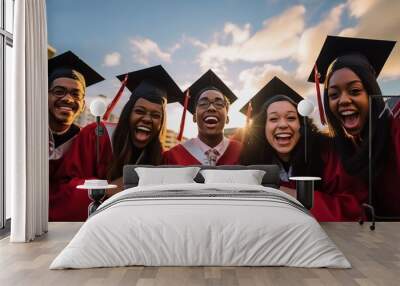 In this vibrant photo, a group of graduates stands together against a backdrop of a breathtakingly bright and clear sky.   Wall mural