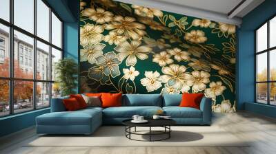 japanese chiyogami paper, floral, gold, emerald green, beautiful, intricate Wall mural