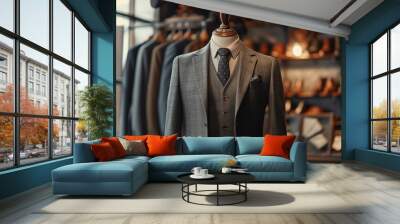 Men's shirt in the form of grey suits on a mannequin in the atelier Wall mural