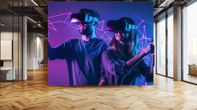 Metaverse VR virtual reality game playing, man and woman play metaverse virtual digital technology game Wall mural