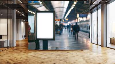 Mockup. Lightbox vertical billboard with blank digital screen on a train station. white blank poster advertisement Public information boards stand at stations in front of people and trains Wall mural