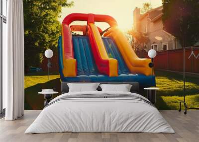 Picture a vibrant, colorful inflatable bounce house water slide set up in a backyard, ready to offer endless fun for children. The bouncy castle slide, with its bright colors and playful design Wall mural