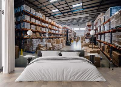 Retail warehouse full of shelves with goods in cartons, with pallets and forklifts Wall mural