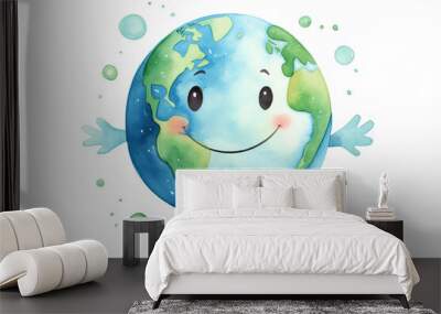 simple Earth planet with smiling face, watercolor, cartoon style, neutral colors, nursery, white background Wall mural