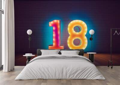 The number 18 made out of colorful neons in front of a wall Wall mural