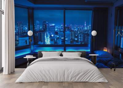 view of the window bedroom modern apartment in city neon japan, dark blue light Wall mural