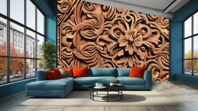 An Artistic Fusion of Wood, Flowers and Engraving in Decorative Design. Wall mural