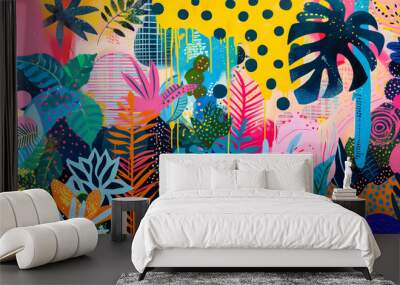 Abstract wall horizontal art poster of a vibrant jungle rainforest with diverse plants. Bright neon colors horizontal maximalist painting Wall mural