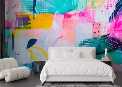 Beautiful abstract painting with vivid colors and simple shades. Pink, mint green, and yellow bright, colorful maximalist wall art design Wall mural