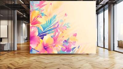 Beautiful artistic background with watercolor textured hibiscus tropical flowers illustration over white background. Copy space for text. Summer template. Wall mural