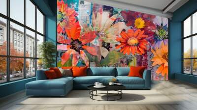 Bright neon colored paper art floral collage with different flowers. Contemporary modern art Wall mural