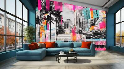 Modern paper art photo collage, with bright vivid neon pink and blue colors, ripped black and white newspapers. Colorful, trendy, contemporary art. Creative background Wall mural