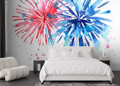 Simple watercolor fireworks drawing. Blue and red firework explosions. Artistic aquarelle illustration on white background. Wall mural