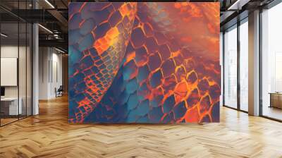 Snake skin texture wallpaper background design. Light orange and blue color palette. Wall mural